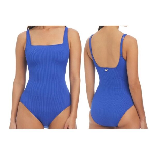 Bleu Rob Beattie Blue Ribbed Walk The Line Square Neck One-Piece Swimsuit Sz 4 - Picture 1 of 10